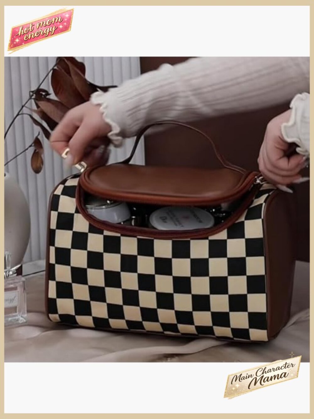 Checkered Pattern Cosmetic Bag Travel Portable Elegant Minimal Skincare Storage - Picture 2 of 7
